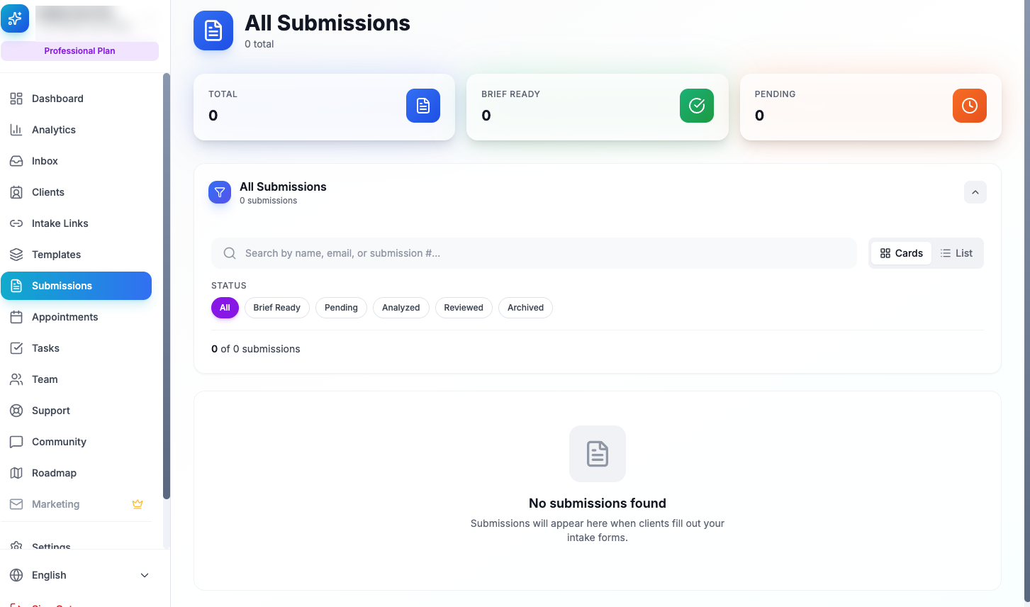 The submissions pipeline: every enquiry in one queue, filtered by status