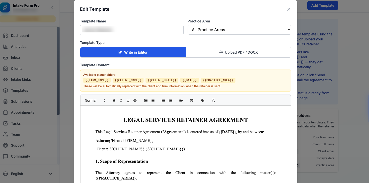 The retainer template editor: placeholders for firm, client, date and practice area that fill in automatically when the agreement is sent