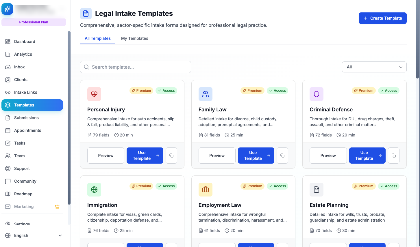 The template library: practice-area intake templates with field counts and completion times